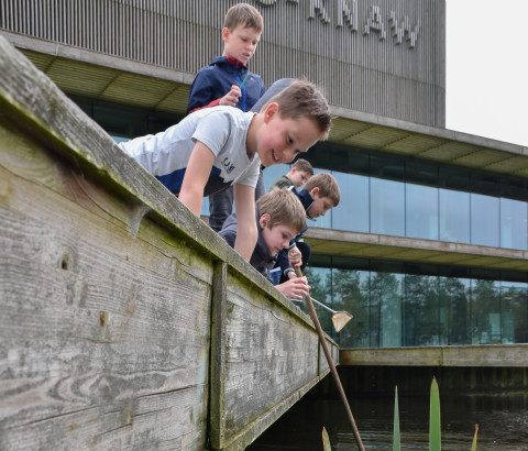 Kinderen zoeken waterdiertjes bij het NIOO