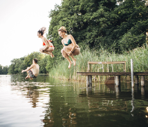 Zwemmers springen in het water