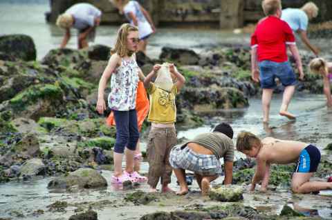 Kinderen spelen op rotsen bij het water