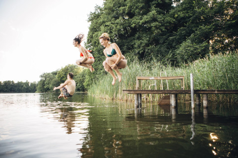 Zwemmers springen in het water