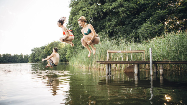 Zwemmers springen in het water